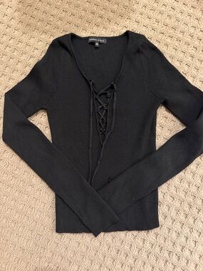 Kendall & Kylie Black Ribbed Lace-Up V-Neck Sweater